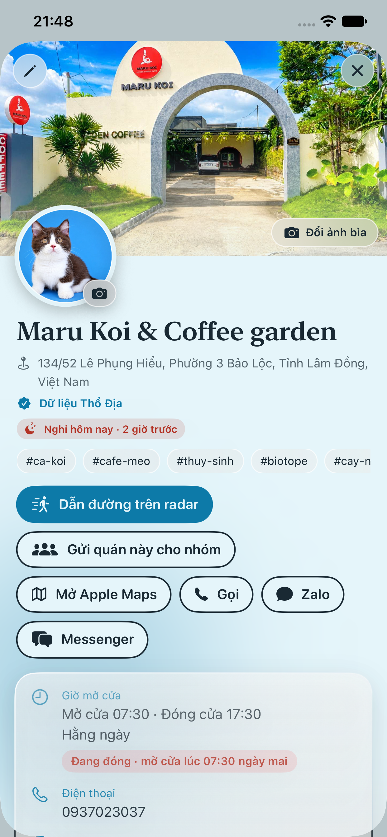 Giao diện hồ sơ quán Maru Koi & Coffee garden trong Thổ Địa